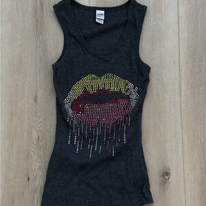 Crystal Dripping lips Black Tank Top